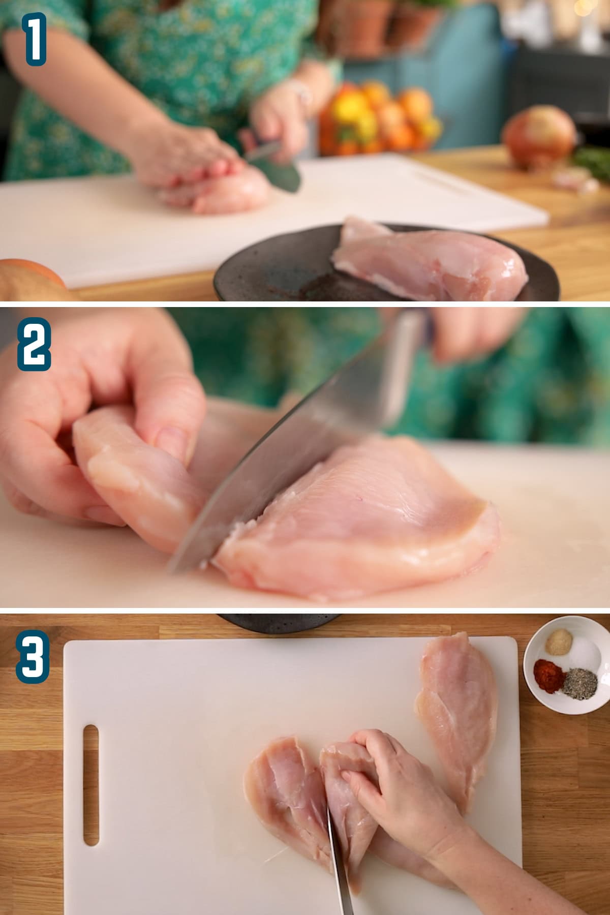 A 3 image collage showing the key steps for how to butterfly and slice a chicken breast.