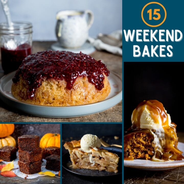 Collage featuring 4 cosy weekend bakes titled, "15 Weekend Bakes”