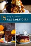 A collage showcases autumn desserts: sticky toffee pudding with ice cream, stacked cake slices with pumpkins, and a sponge cake with berry sauce. Text reads, 15 Cosy Weekend Bakes & Autumn Baking Ideas To Try.