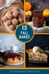 Collage of four autumn desserts: cinnamon sugar doughnut balls, chocolate pumpkin brownies, jam-topped sponge cake, and apple pie with vanilla ice cream. Text reads 15 Fall Bakes