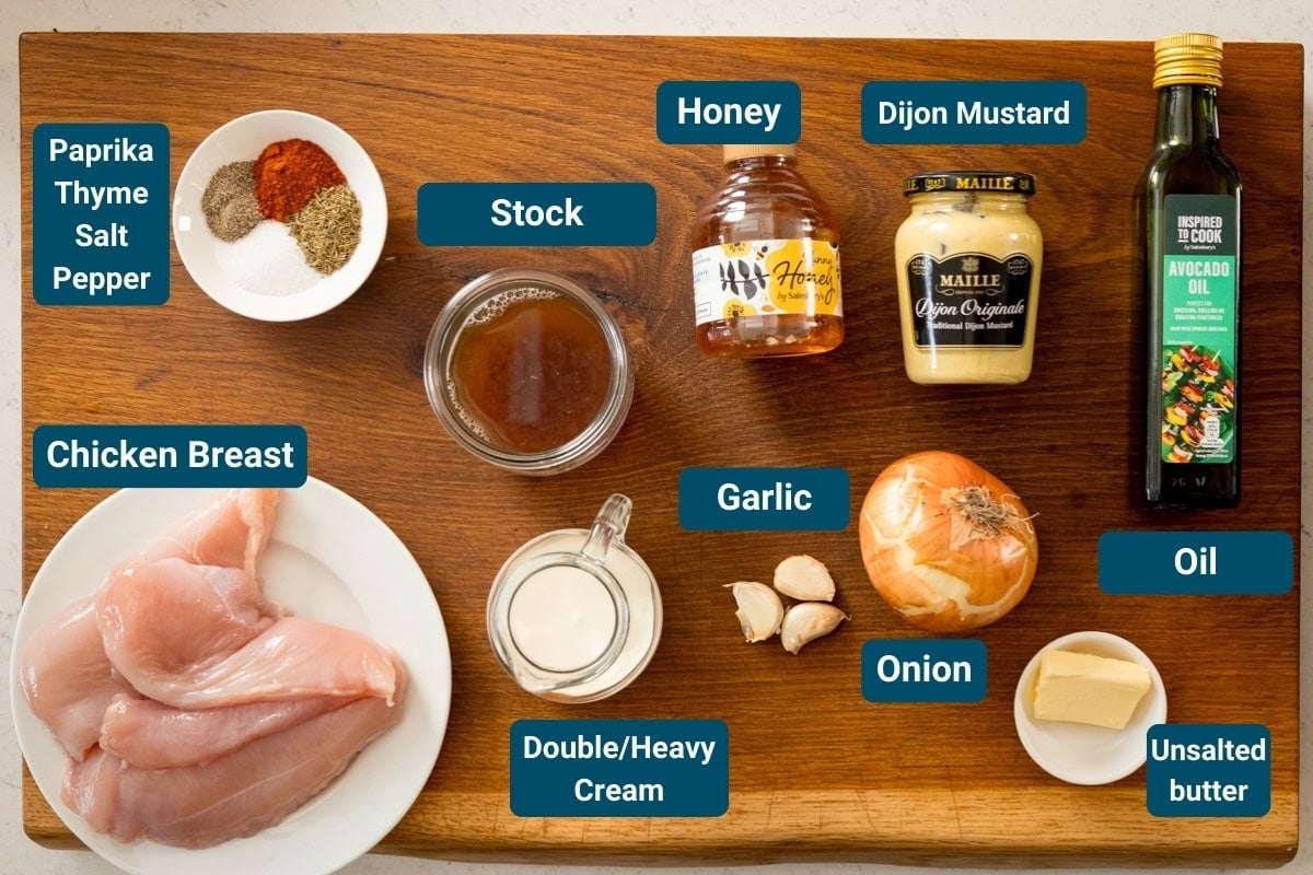 Ingredients for honey mustard chicken on a wooden board, including; raw chicken breast, onion, garlic, double cream, stock, unsalted butter, oil, honey, Dijon mustard, and a plate of spices labeled paprika, thyme, salt and pepper.