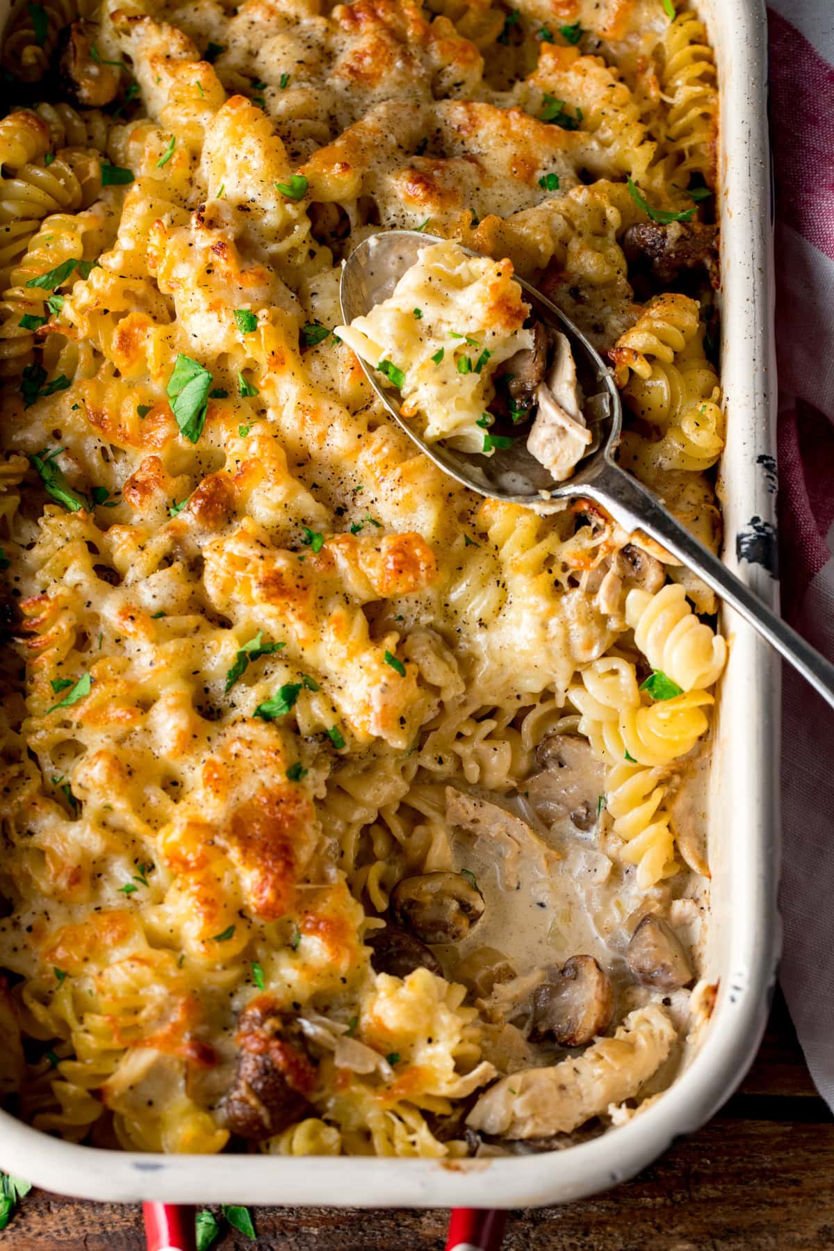 Creamy Chicken Alfredo Bake with fusilli, tender chicken pieces, and mushrooms, topped with golden melted cheese and fresh herbs, served in a rectangular baking dish with a spoon.