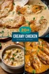 Three dishes of creamy chicken meals, including pan-fried chicken in sauce, chicken with tortellini soup, and spiced creamy chicken, with text overlay: “20+ Creamy Chicken Dinner Ideas.”.