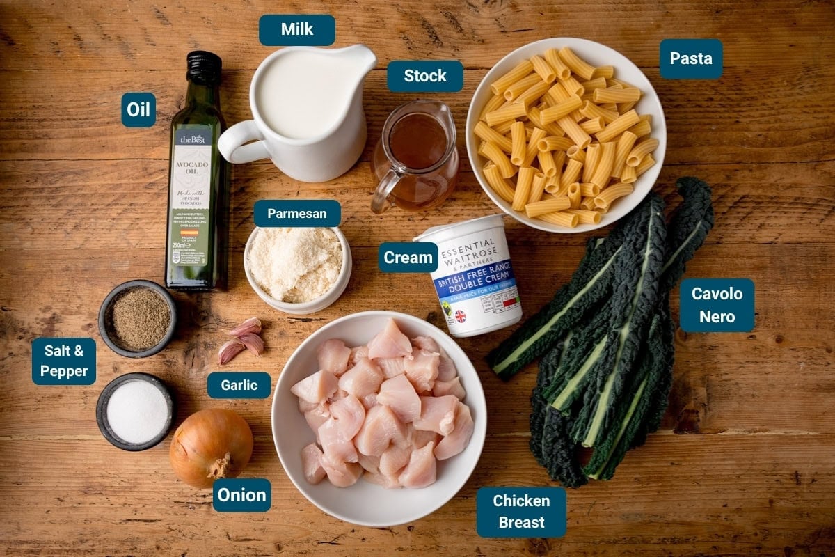 Ingredients for an alfredo rigatoni pasta dish laid out on a wooden table, including chicken breast, pasta, cavolo nero, onion, garlic, salt & pepper, oil, milk, stock, cream, and parmesan cheese.