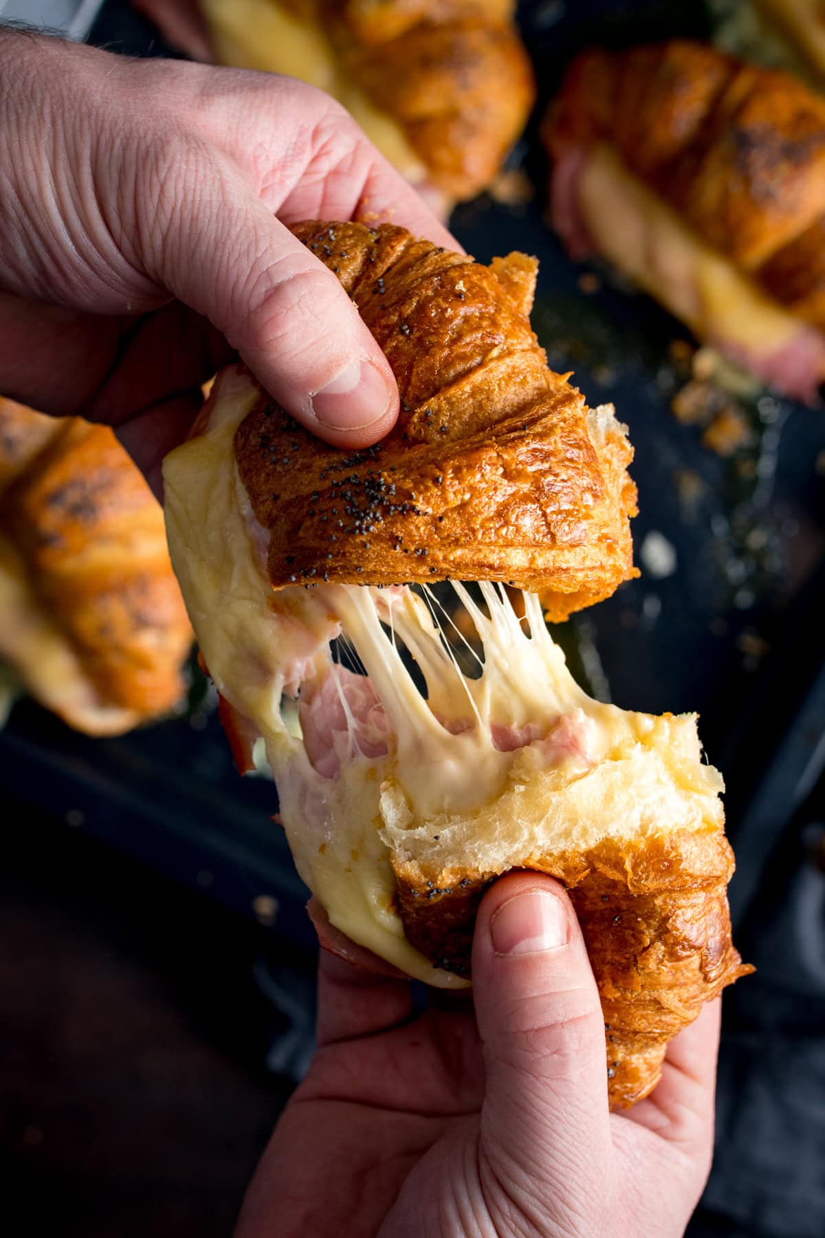 Two hands pull apart a ham and cheese croissant filled with melted cheese and ham, showing a stretchy cheese pull.