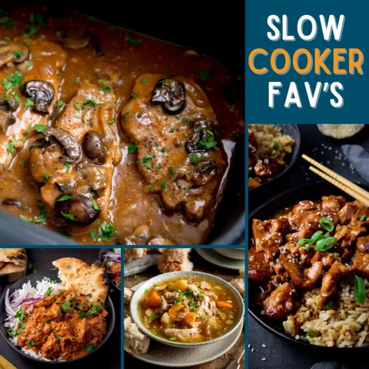 Collage of slow cooker dishes including smothered pork chops, butter chicken curry with naan, Chicken and vegetable soup and honey garlic chicken with rice; text reads Slow Cooker Favourites.