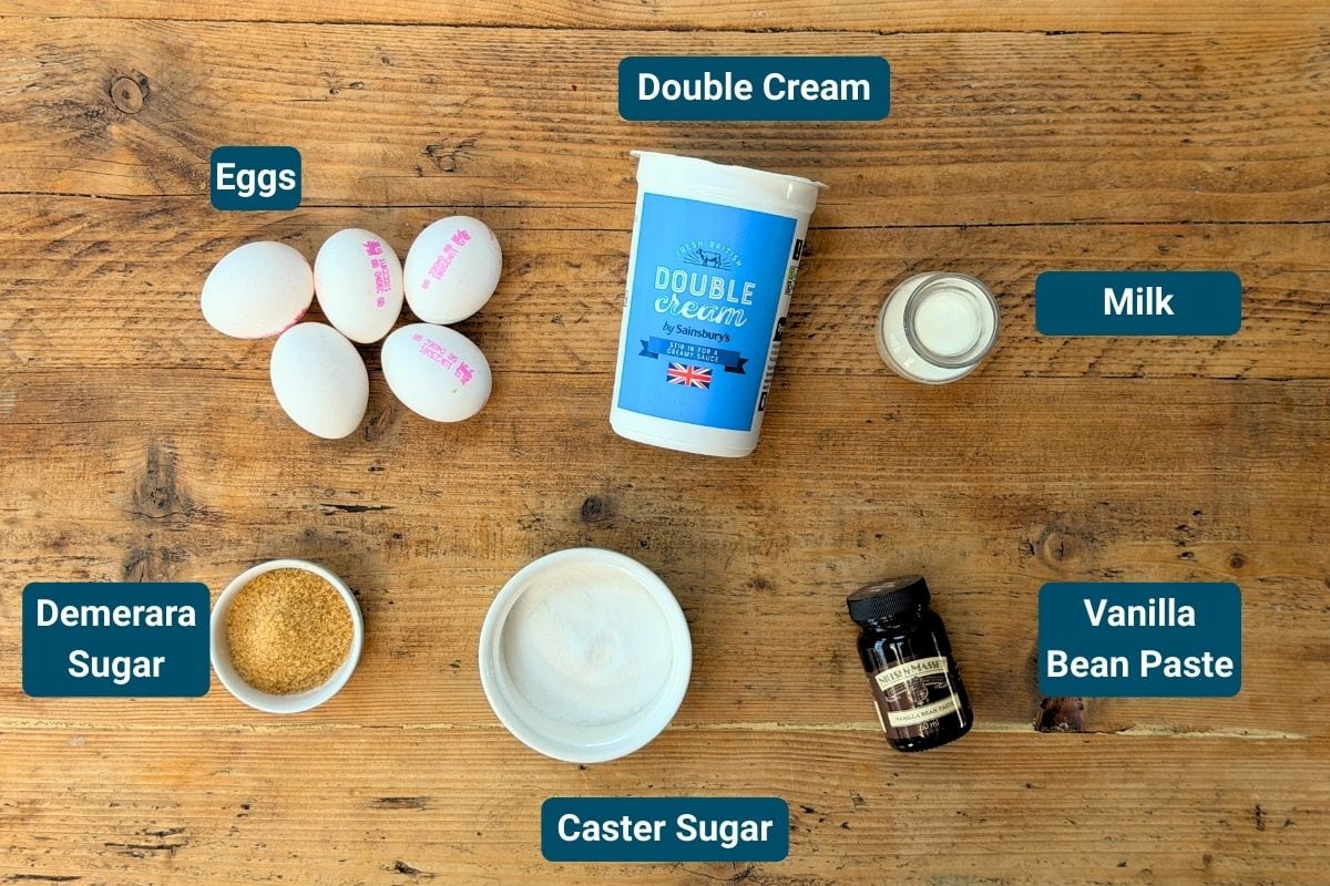 Ingredients for a creme brulee dessert recipe including eggs, double cream, milk, Demerara sugar, caster sugar, and vanilla bean paste on a wooden surface.