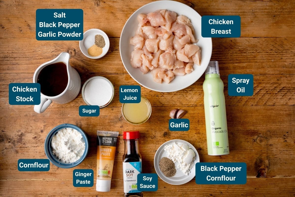 Top-down view of labelled ingredients for Lemon Pepper Chicken: chicken breast, seasonings, stock, cornflour, ginger paste, soy sauce, sugar, lemon juice, garlic and spray oil.