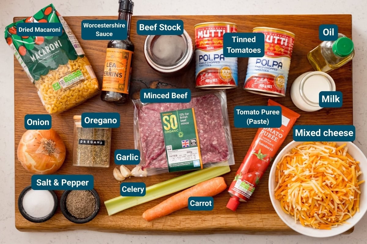 A variety of labelled ingredients for cooking minced beef mac n cheese, including dried macaroni, sauces, minced beef, vegetables, seasonings, cheese, oil and tinned tomatoes on a wooden board.