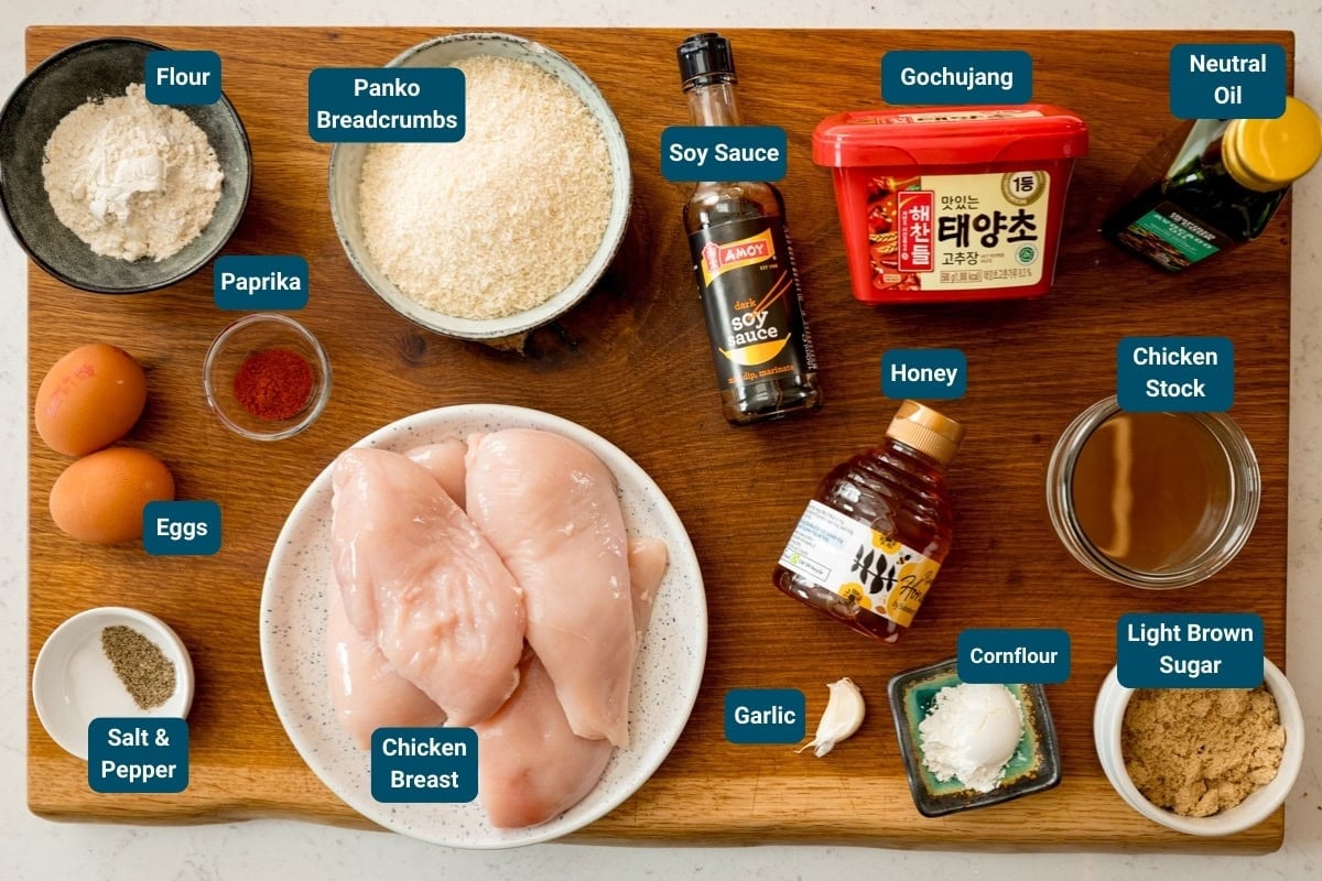 A wooden board with labelled ingredients for Crispy Chicken Cutlets with a Gochujang Sauce: chicken breast, eggs, panko breadcrumbs, flour, paprika, salt and pepper, garlic, soy sauce, honey, cornflour, light brown sugar, gochujang, chicken stock and neutral oil.