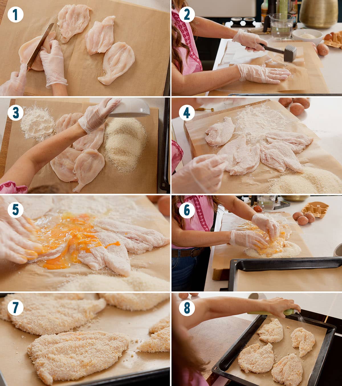 Eight-panel sequence showing a person prepping chicken katsu for a curry recipe: butterflying, tenderising, coating in flour, egg, and breadcrumbs, and placing the breasts on a baking tray.