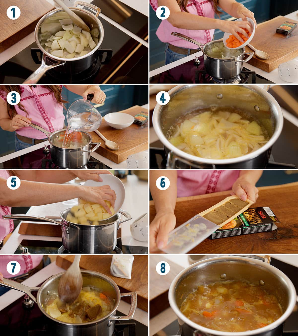 A series of eight numbered photos showing the step-by-step preparation of a vegetable stew for Japanese curry, including adding chopped onions, carrots, potatoes, and a stock cube to the pot.