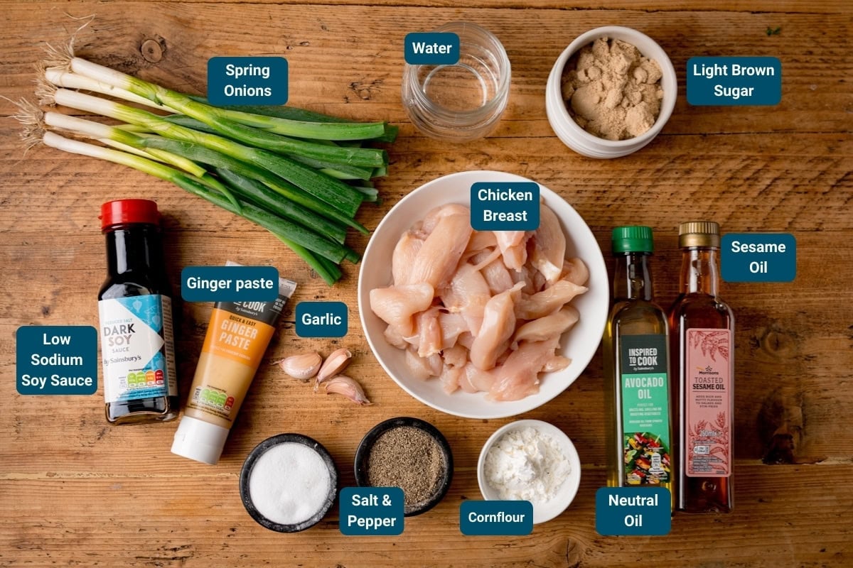 A wooden table displays labelled ingredients for a mongolian chicken recipe, including chicken breast, spring onions, sauces, oils, spices, ginger paste, garlic, brown sugar, cornflour and water.