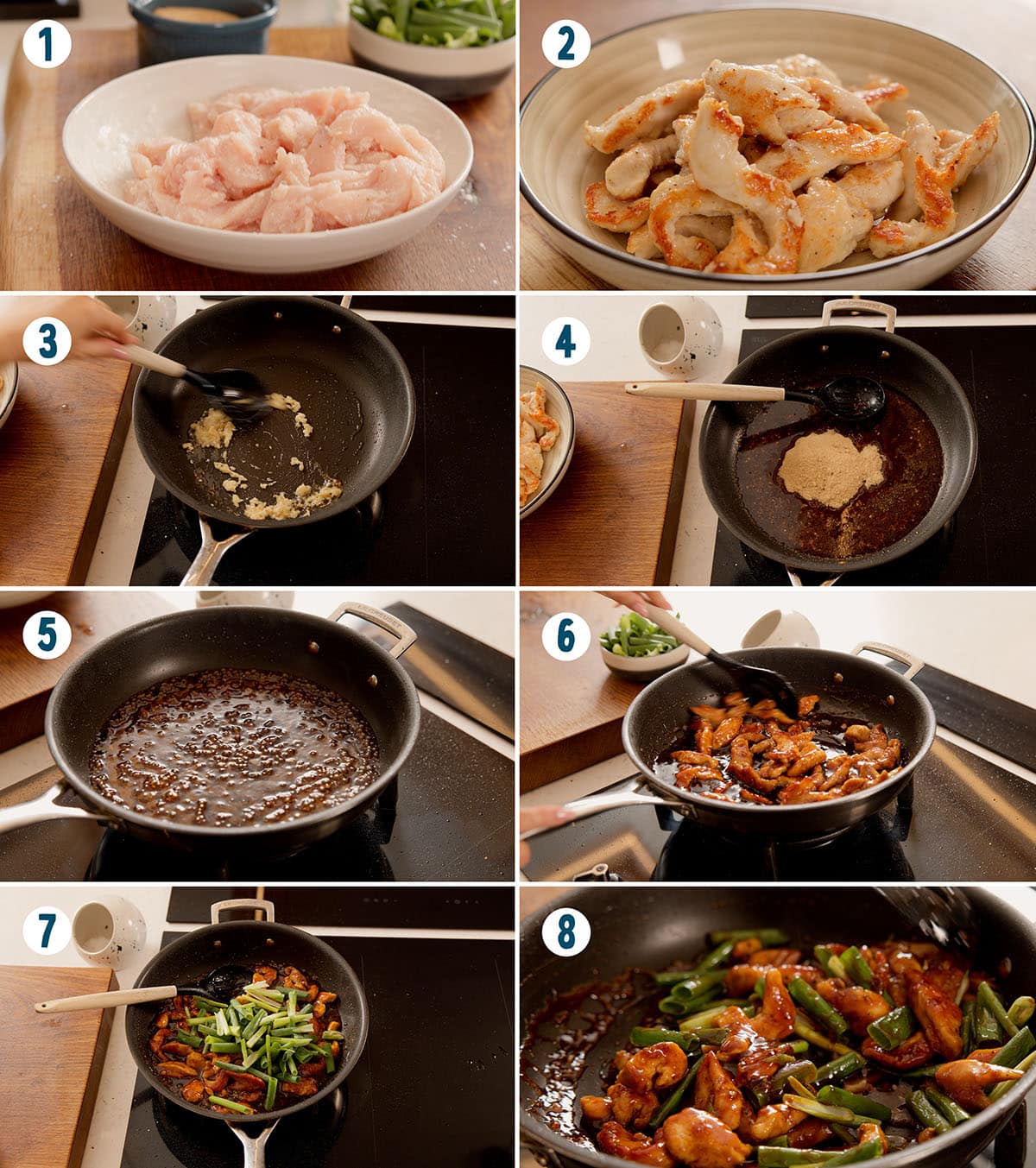 Step-by-step images show cooking Mongolian Chicken Chinese with garlic, sauce, and green onions in a frying pan, starting from raw ingredients to the finished stir-fry dish.