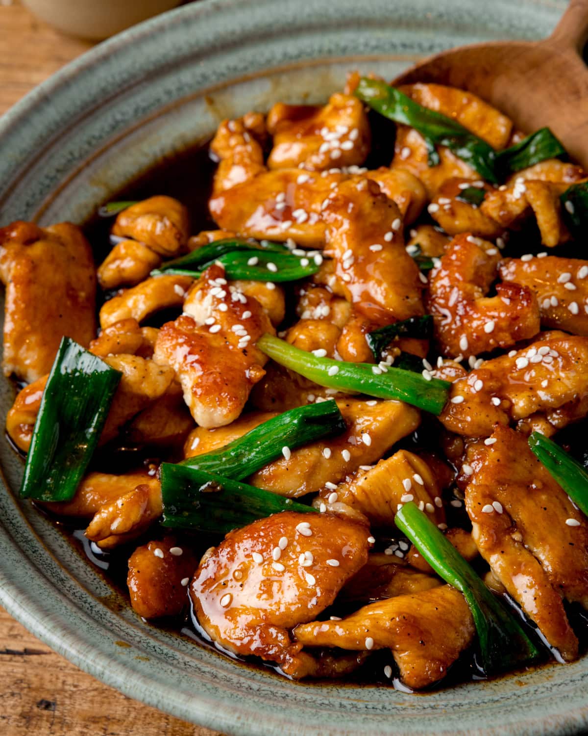 A bowl of stir-fried Mongolian chicken with spring onions, coated in a glossy sauce and garnished with white sesame seeds.