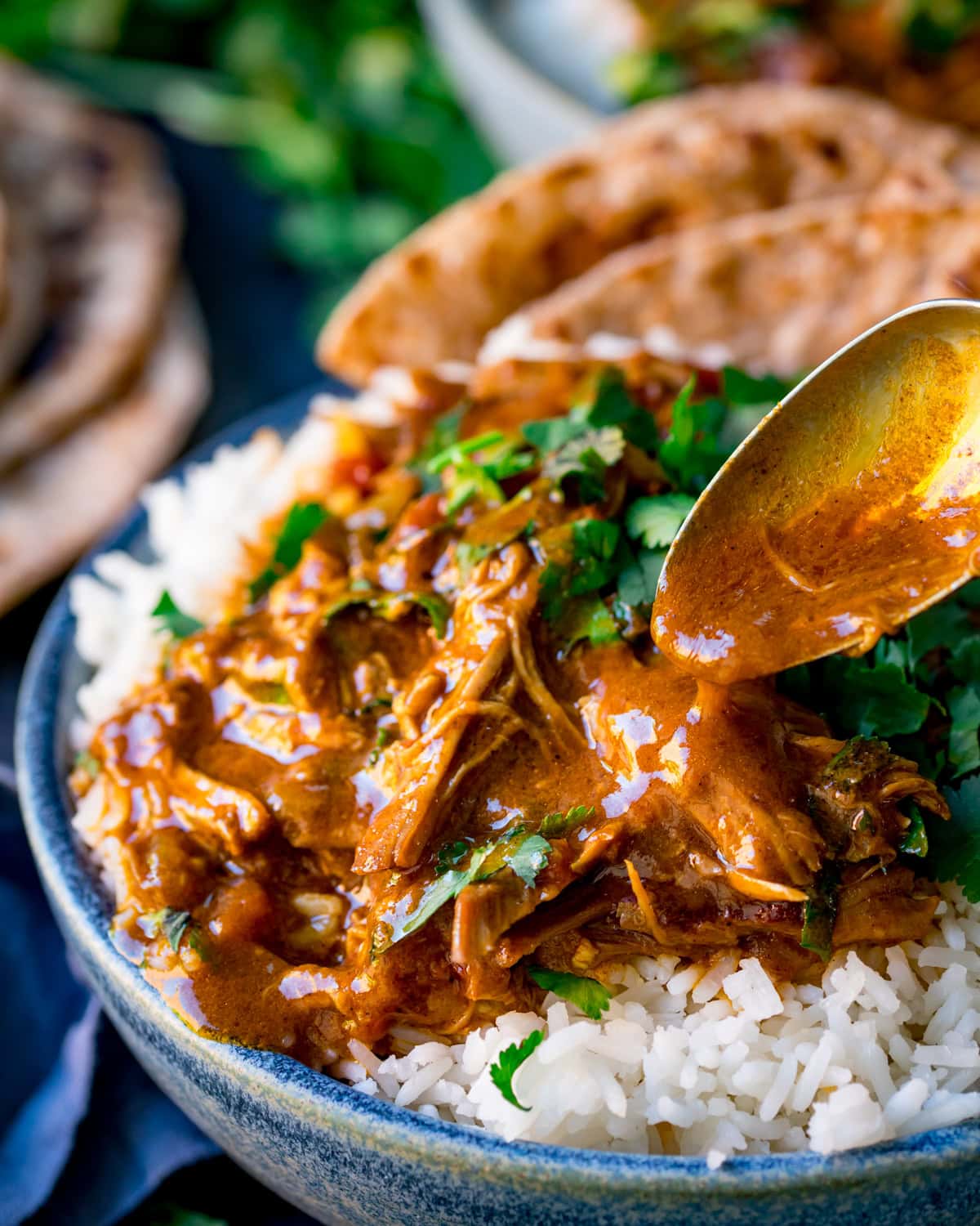 A bowl of white rice topped with shredded slow-cooked lamb curry in a rich, curry sauce, garnished with coriander and served with flatbreads. A spoon is pouring more sauce over the dish.
