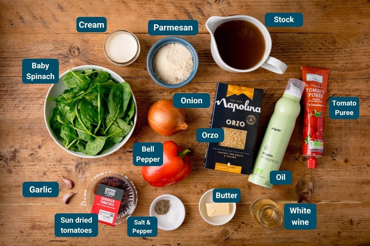 A top-down view of labelled ingredients for a Tuscan-style orzo recipe: including spinach, cream, parmesan, stock, orzo, onion, pepper, oil, tomato pur&eacute;e, white wine, butter, garlic, sun-dried tomatoes, salt.