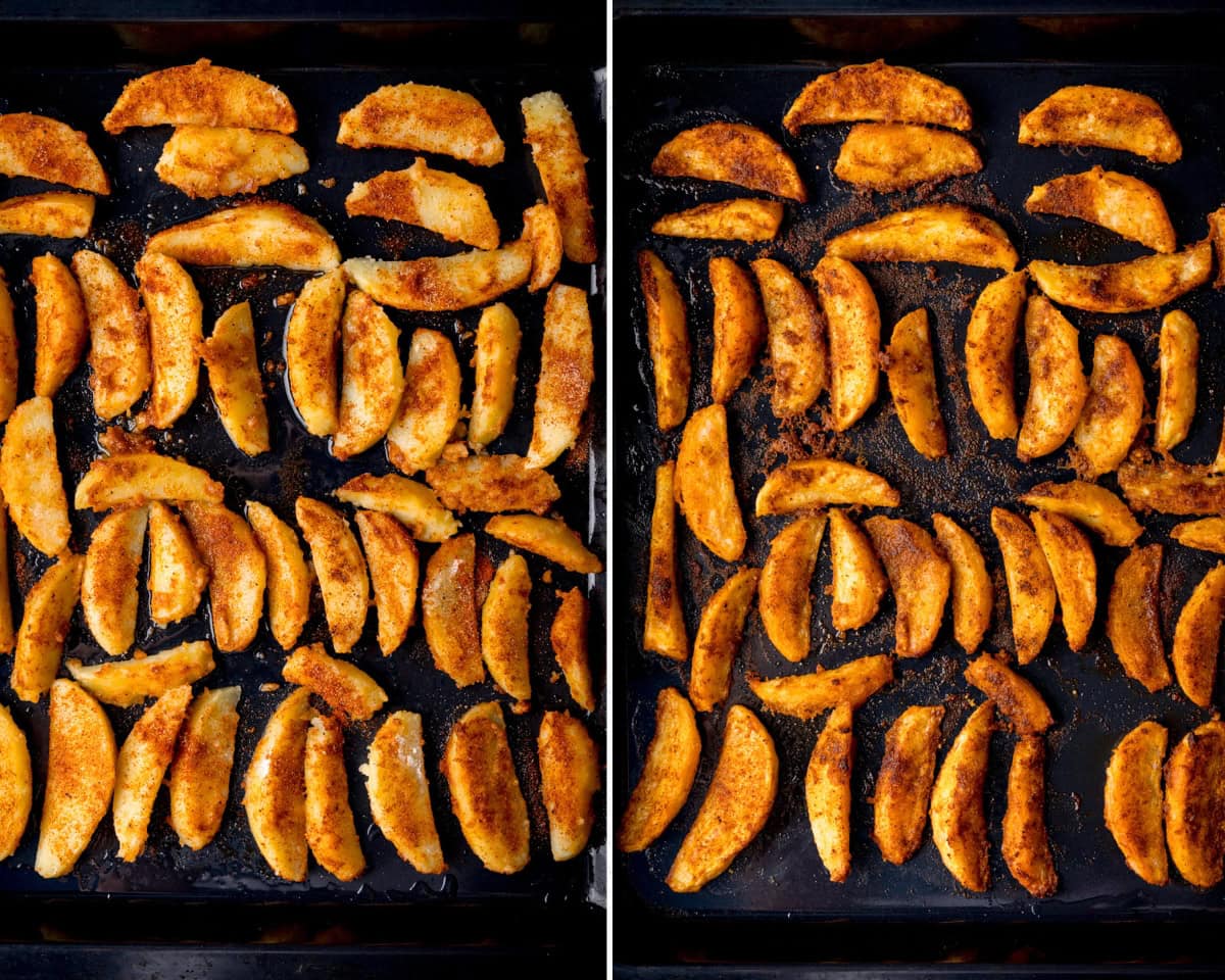 Side-by-side comparison of Crispy Potato Wedges on a baking tray before cooking (left) and after baking to a golden brown, crispy finish (right).