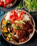 Overhead image of a bowl with white rice, Chicken Adobo, Asian cucumber salad, sliced cherry tomatoes, onions, and spring onions, with a fork on the side. Two further dishes with sliced spring onions and a tomato and onion salad are at the top of the image.