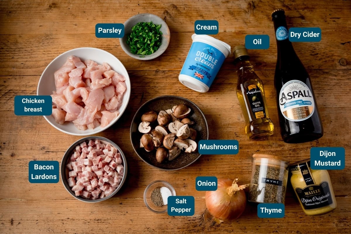 Ingredients for chicken in creamy cider sauce recipe laid out on a wooden table, each labelled: chicken breast, mushrooms, bacon lardons, cream, oil, cider for a creamy cider sauce, and seasonings.