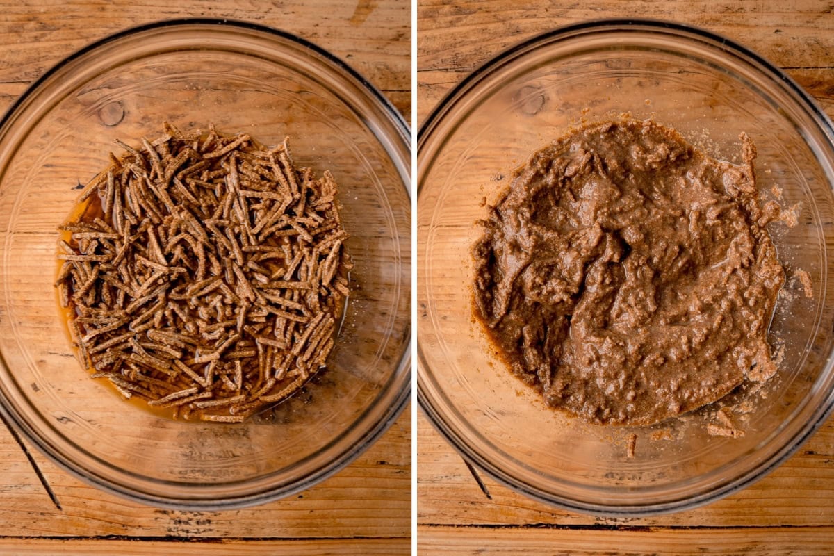 Two glass bowls shown side by side; the left contains dry bran cereal in tea, the right shows the cereal fully mixed into a thick, brown mixture.