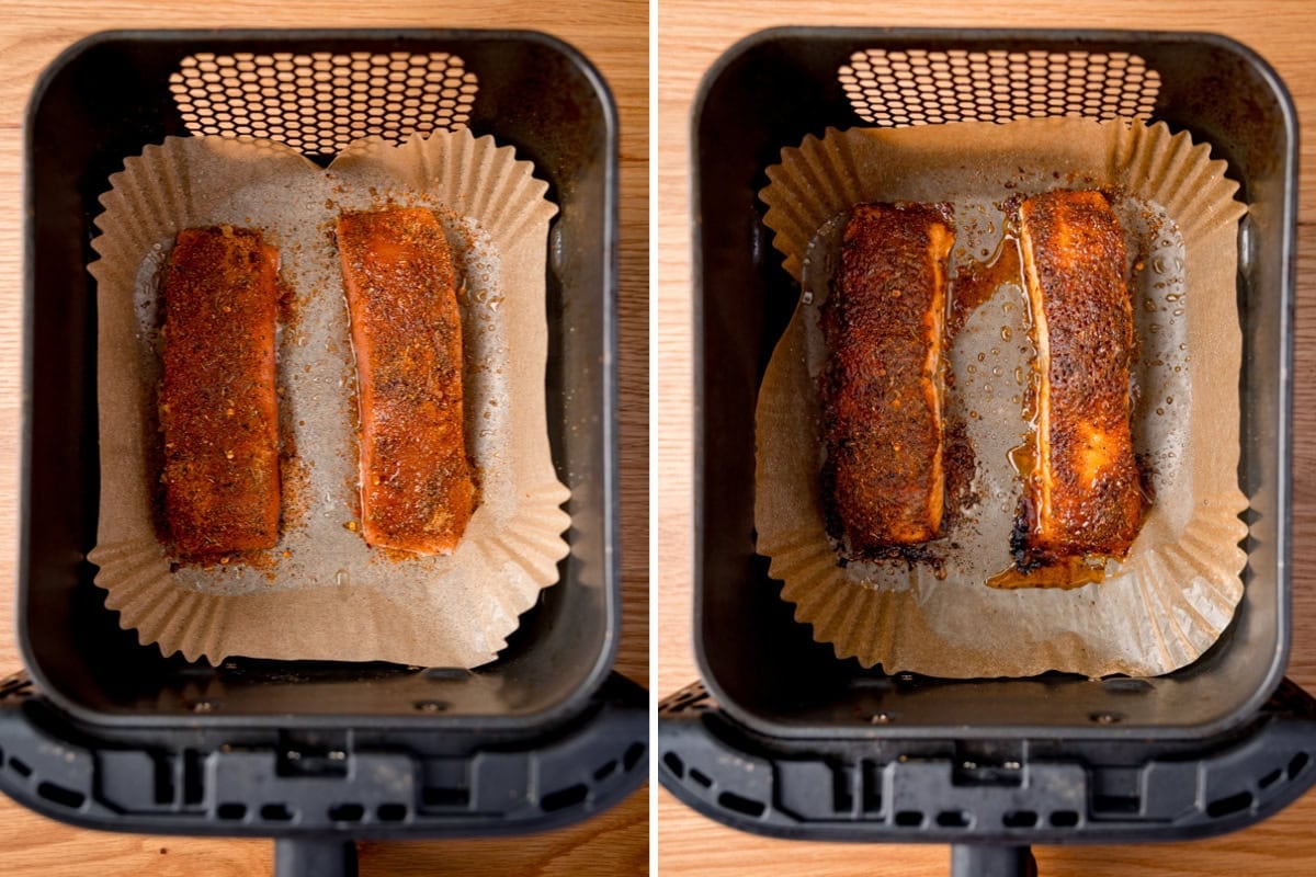 Two side-by-side images showing two fillets of seasoned air fryer salmon in a basket, before and after cooking.
