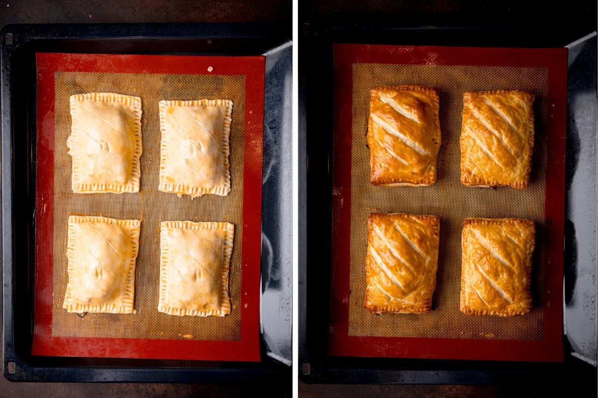 A baking tray with four chicken and bacon pastries shown before and after baking; the left side displays raw pastry, while the right side shows golden-brown, baked pastries.
