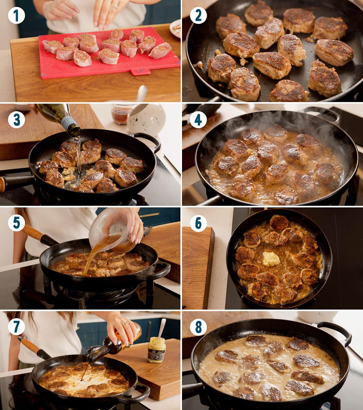 Eight-panel image showing the process of cooking pork medallions in cream sauce: slicing, frying, adding wine, simmering with stock and butter, and finishing with mustard in a frying pan.