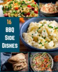 A collage of BBQ side dishes—pasta salad, coleslaw, potato salad, flatbreads, and shredded veg salad—with the text 16 BBQ Side Dishes. Ideal for anyone seeking fresh ideas for BBQ side dishes.