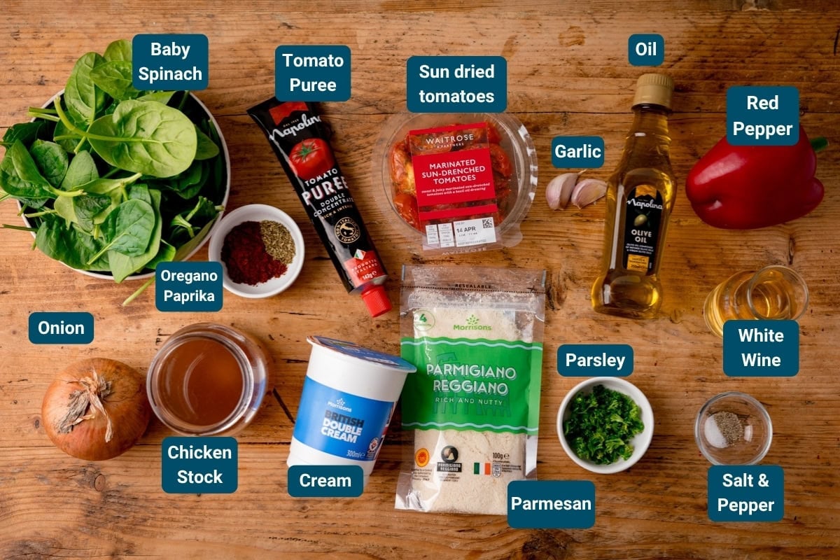 Overhead view of labelled ingredients for cooking Tuscan chicken meatballs, including baby spinach, tomato purée, sun-dried tomatoes, oil, red pepper, garlic, white wine, cream, parmesan, parsley, onion, chicken stock and spices.