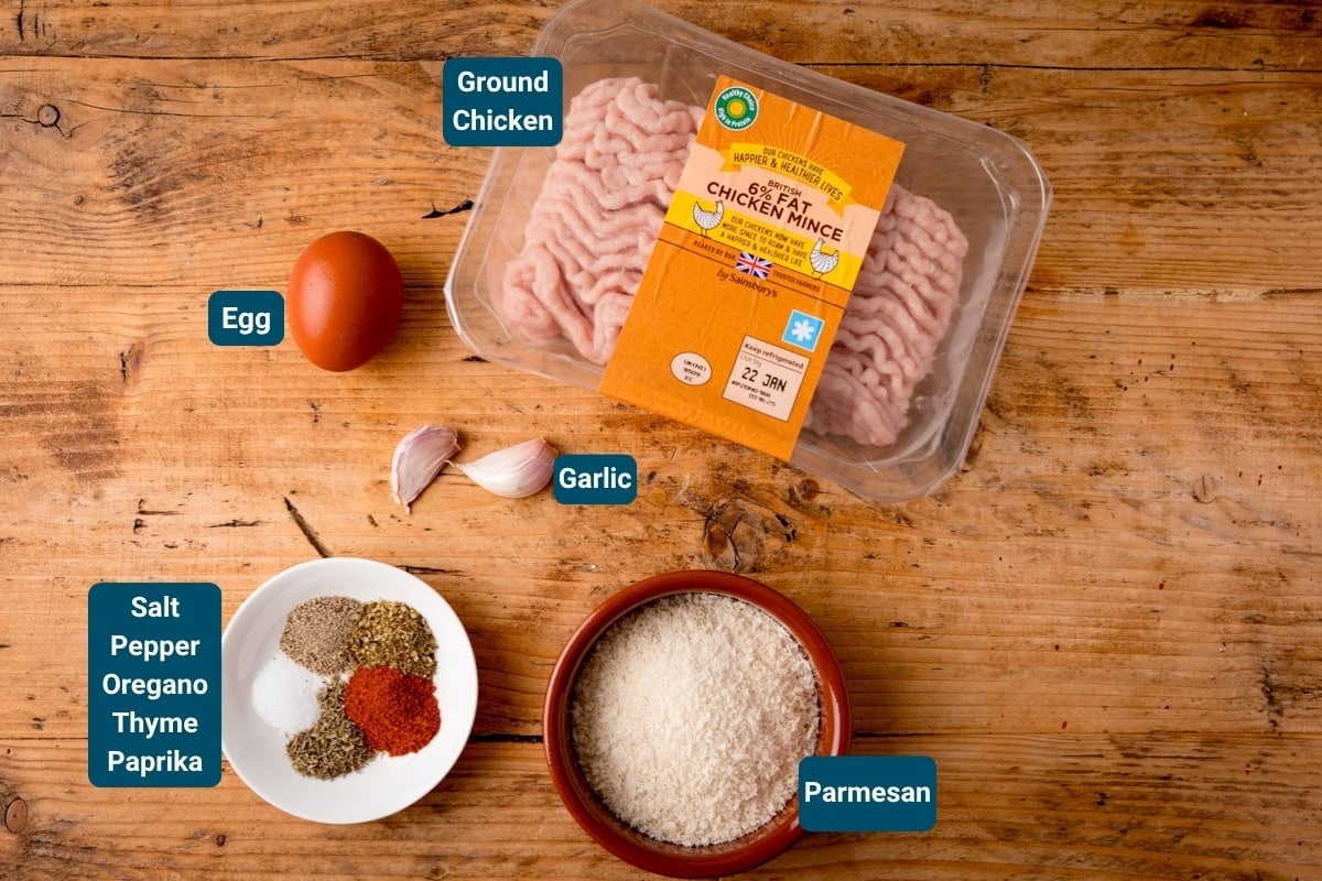 Top view of minced chicken, an egg, garlic, grated Parmesan, salt, pepper, oregano, thyme, and paprika on a wooden surface. Each item is labelled.