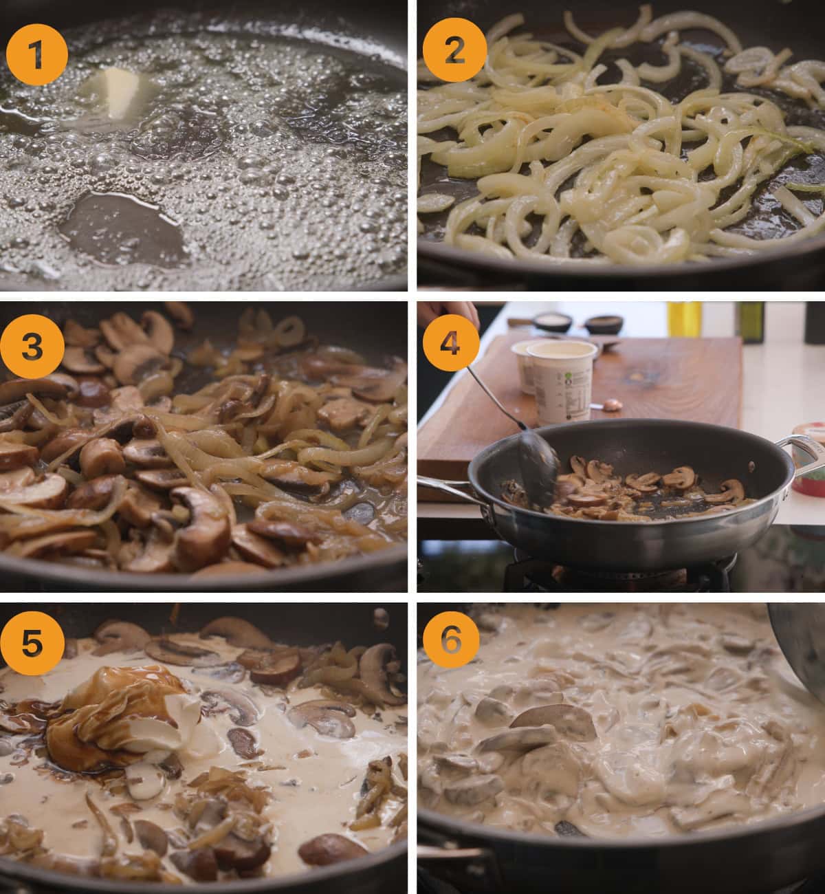 Six-panel image showing the step-by-step process of cooking creamy mushroom stroganoff in a pan, from butter melting to a thickened cream sauce.