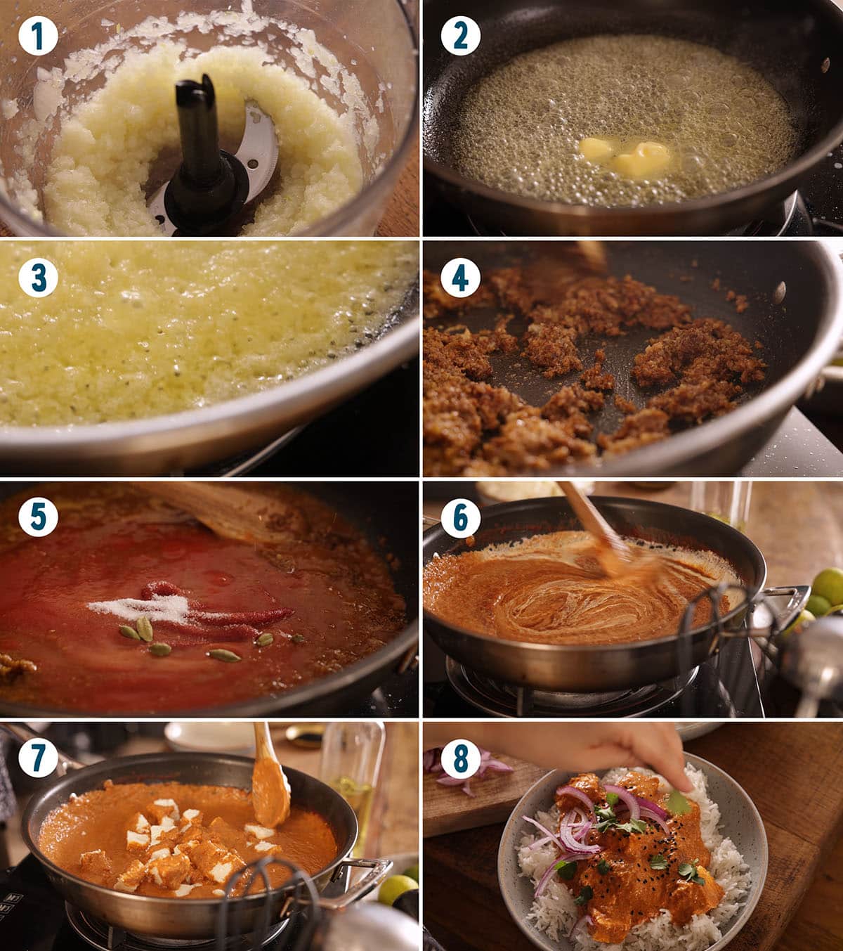 A step-by-step collage showing paneer curry prep with onion, butter, spices, tomato purée, cream, and paneer over rice with onions and herbs.