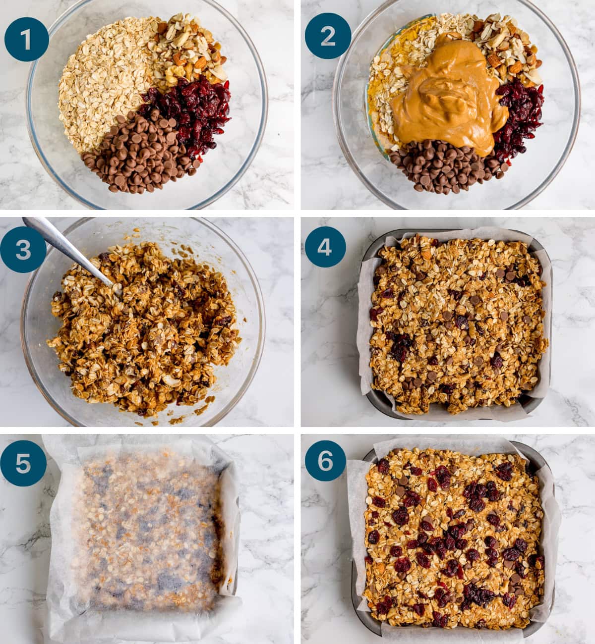 Six image collage showing the process for making peanut butter granola bars.