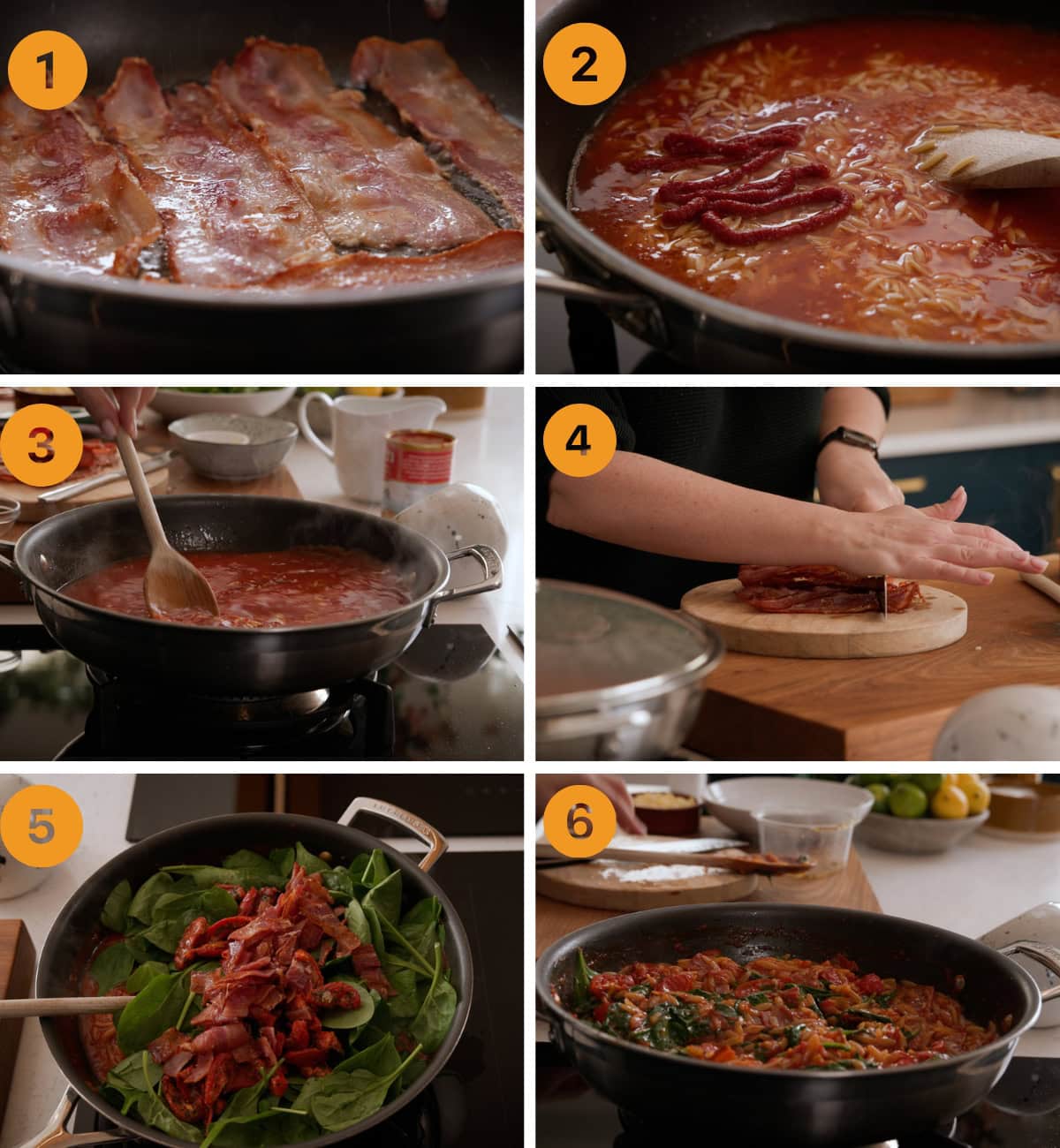 A step-by-step process for making one-pan orzo with bacon, tomato sauce, and spinach—fry bacon, make the sauce, chop bacon, add spinach, then stir in orzo for a tasty Tomato & Bacon Orzo dish.