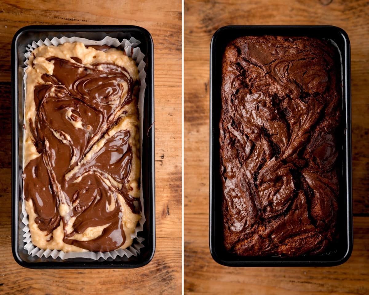 Collage of two side-by-side images, showing Nutella banana bread before and after baking.
