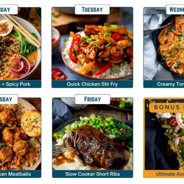 Collage with 6 images for a meal plan featuring: curry ramen with pork, chicken stir-fry, tomato ravioli, chicken meatballs, and slow-cooker short ribs. Plus a bonus avocado on toast brunch.