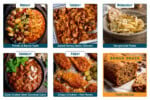 Collage for a meal plan featuring: potato and bacon hash, baked honey garlic chicken, gorgonzola pasta, beef coconut curry, crispy chicken with hot honey, and a fruity tea loaf as a bonus snack. Each image is labelled with the recipe name and a corresponding day of the week.