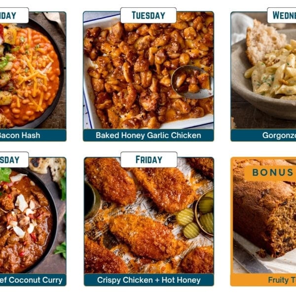 Collage for a meal plan featuring: potato and bacon hash, baked honey garlic chicken, gorgonzola pasta, beef coconut curry, crispy chicken with hot honey, and a fruity tea loaf as a bonus snack. Each image is labelled with the recipe name and a corresponding day of the week.