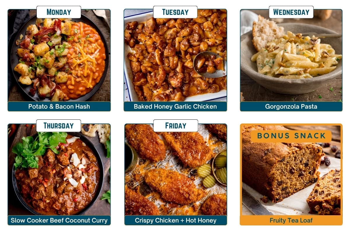 Collage for a meal plan featuring: potato and bacon hash, baked honey garlic chicken, gorgonzola pasta, beef coconut curry, crispy chicken with hot honey, and a fruity tea loaf as a bonus snack. Each image is labelled with the recipe name and a corresponding day of the week.