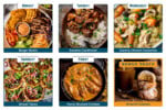 6 image collage of a meal plan featuring burger bowls, sesame cauliflower, creamy chicken casserole, smash tacos, honey mustard chicken, and Amaretti biscuits with Amaretti cookies as a bonus snack.