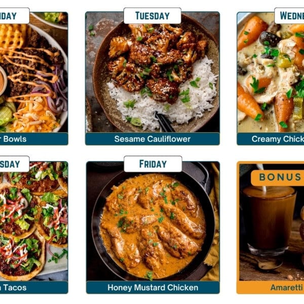 6 image collage of a meal plan featuring burger bowls, sesame cauliflower, creamy chicken casserole, smash tacos, honey mustard chicken, and Amaretti biscuits with Amaretti cookies as a bonus snack.