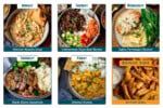 A weekly meal plan grid showing six dishes: chicken noodle soup, Vietnamese-style beef bowls, garlic parmesan chicken, steak Diane casserole, chicken korma, and air fryer chips.