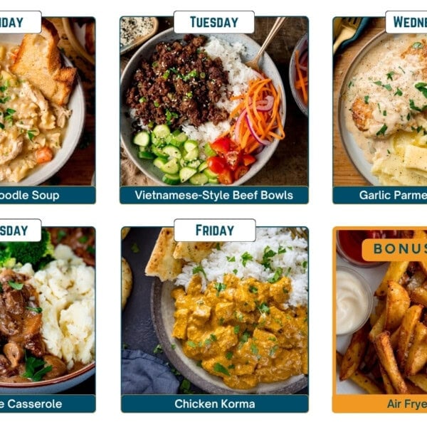 A weekly meal plan grid showing six dishes: chicken noodle soup, Vietnamese-style beef bowls, garlic parmesan chicken, steak Diane casserole, chicken korma, and air fryer chips.