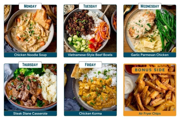 5th Oct 2026 meal plan A weekly meal plan grid showing six dishes: chicken noodle soup, Vietnamese-style beef bowls, garlic parmesan chicken, steak Diane casserole, chicken korma, and air fryer chips.