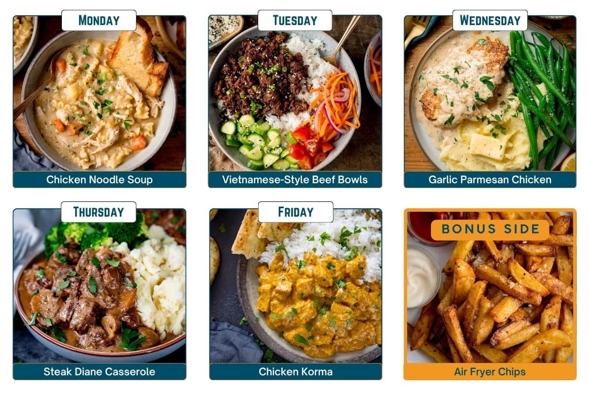A weekly meal plan grid showing six dishes: chicken noodle soup, Vietnamese-style beef bowls, garlic parmesan chicken, steak Diane casserole, chicken korma, and air fryer chips.