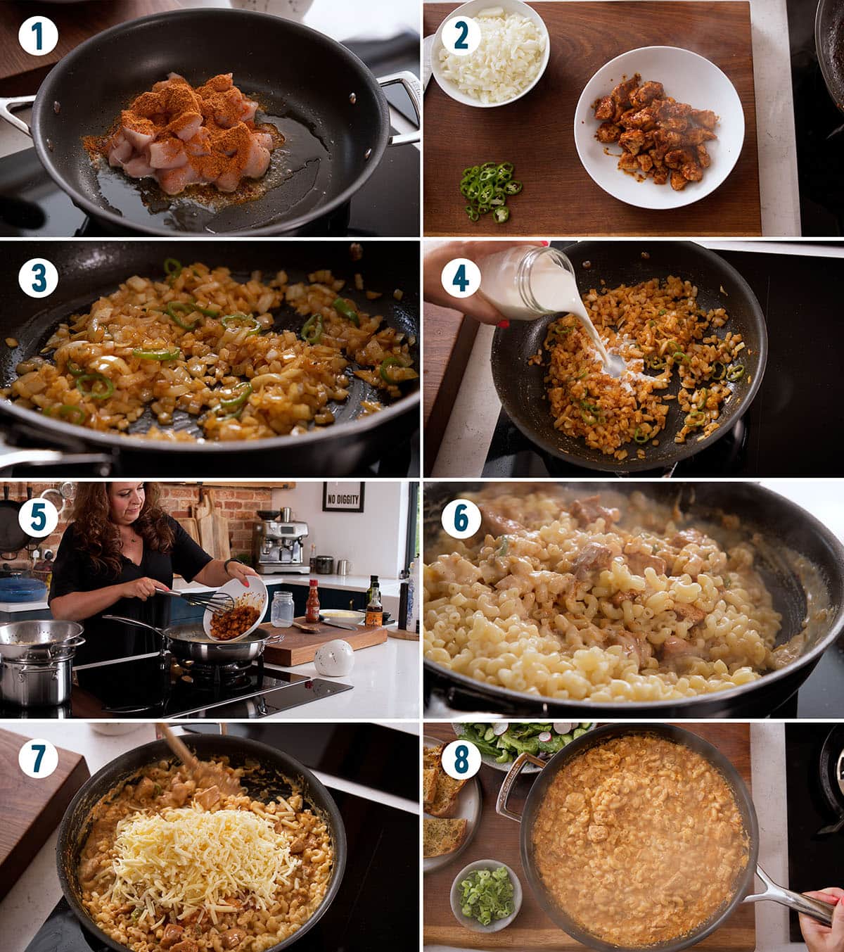 A numbered, eight-step process for cooking a Buffalo Chicken Mac ‘n’ Cheese meal in a pan.