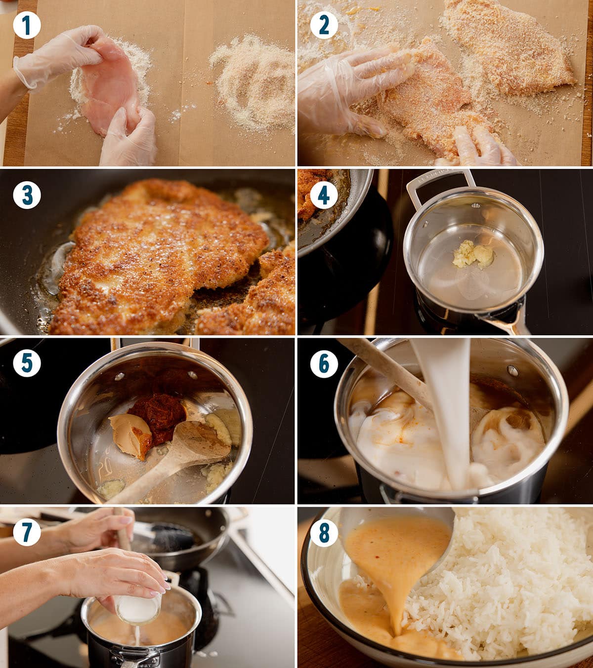 An eight-step photo collage showing how to make crispy chicken with brothy rice, including crispy chicken being fried and a sauce prepared in a saucepan, ending with the sauce being poured over rice.