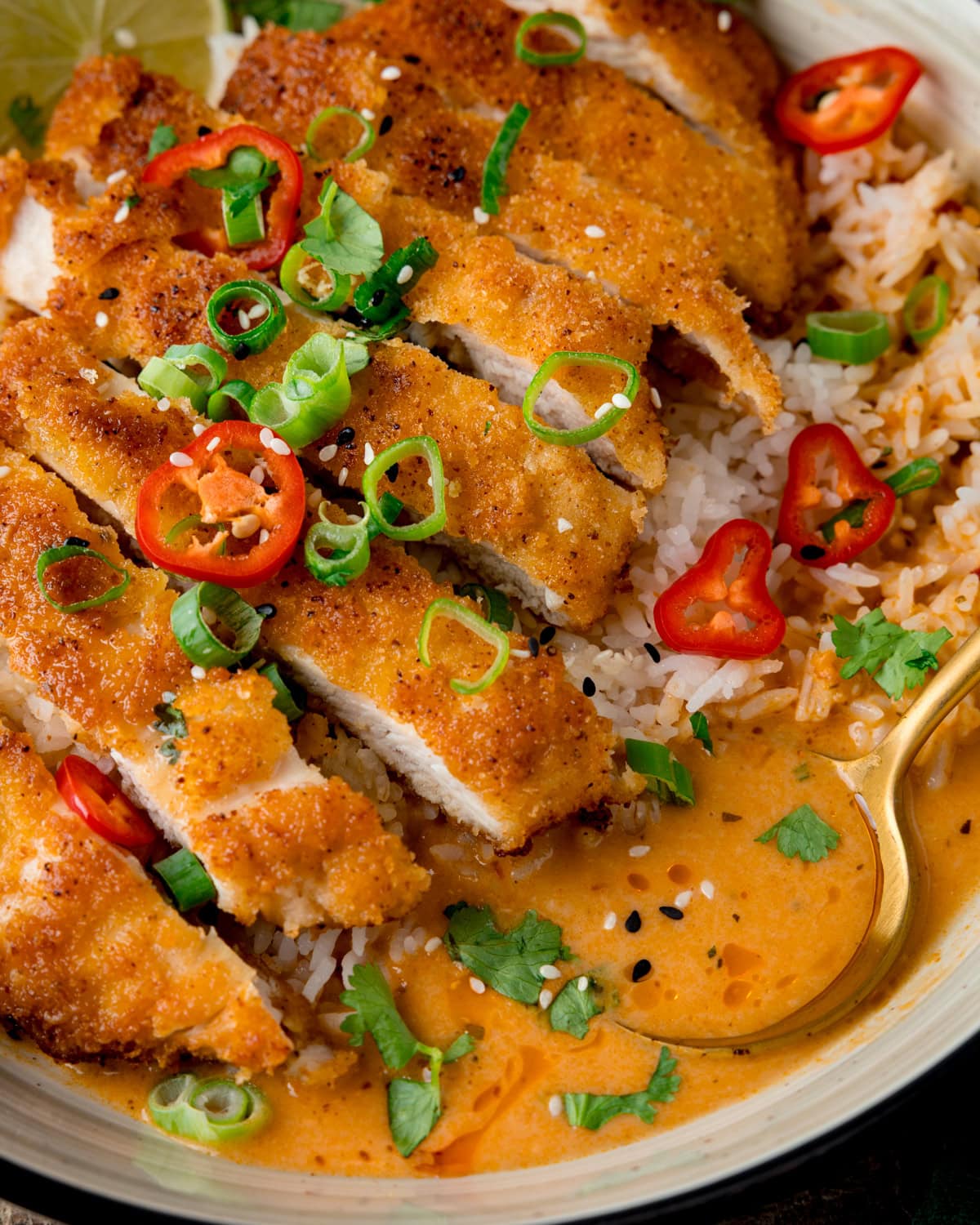 Sliced crispy chicken on a bed of brothy rice with a creamy coconut curry sauce, garnished with sliced red chillies, spring onions, and coriander.