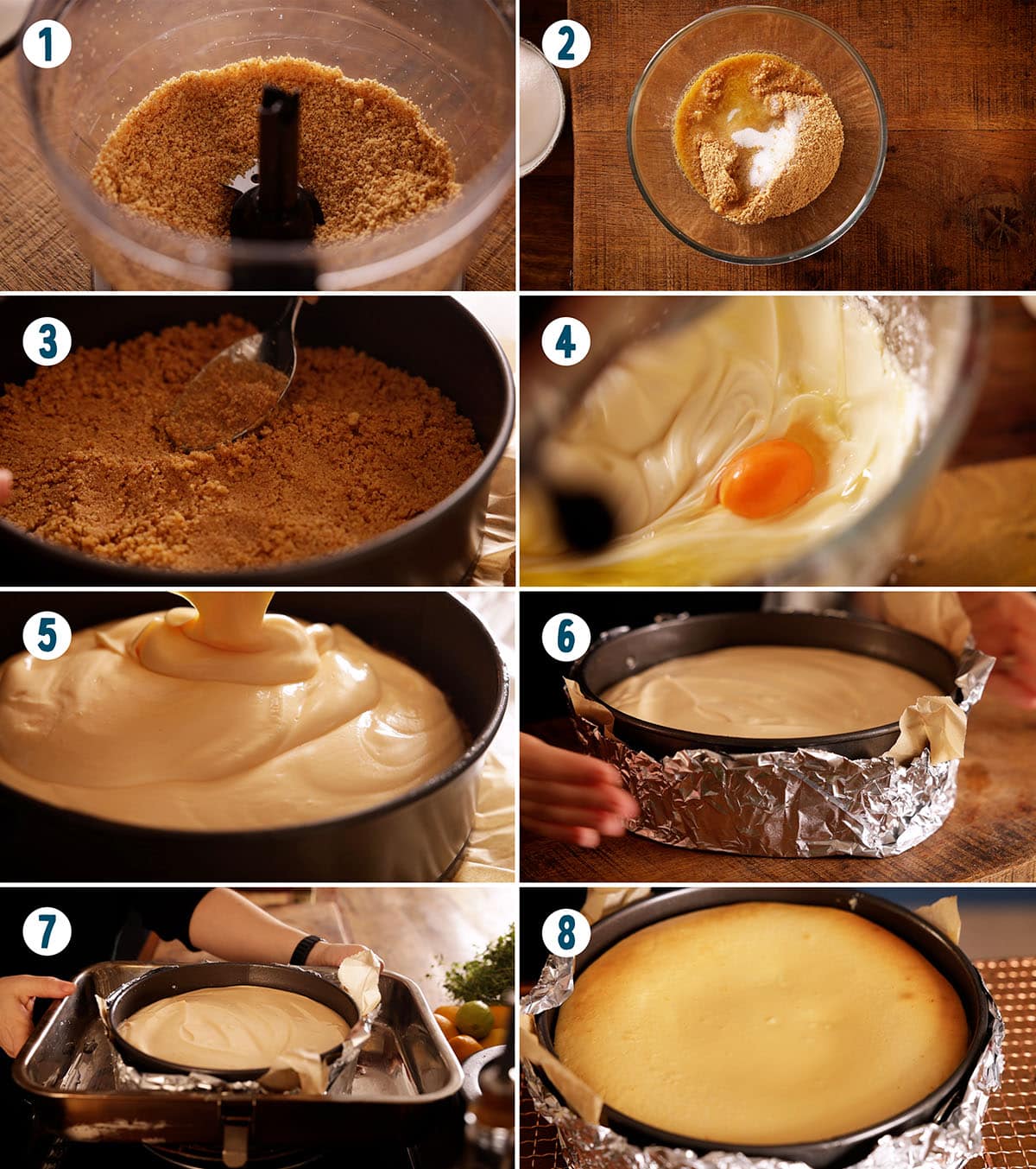 A step-by-step process of making a cheesecake, from preparing the biscuit base and filling, assembling in a tin, baking, to the finished cheesecake—perfect for anyone looking for an authentic New York Cheesecake recipe in UK style.